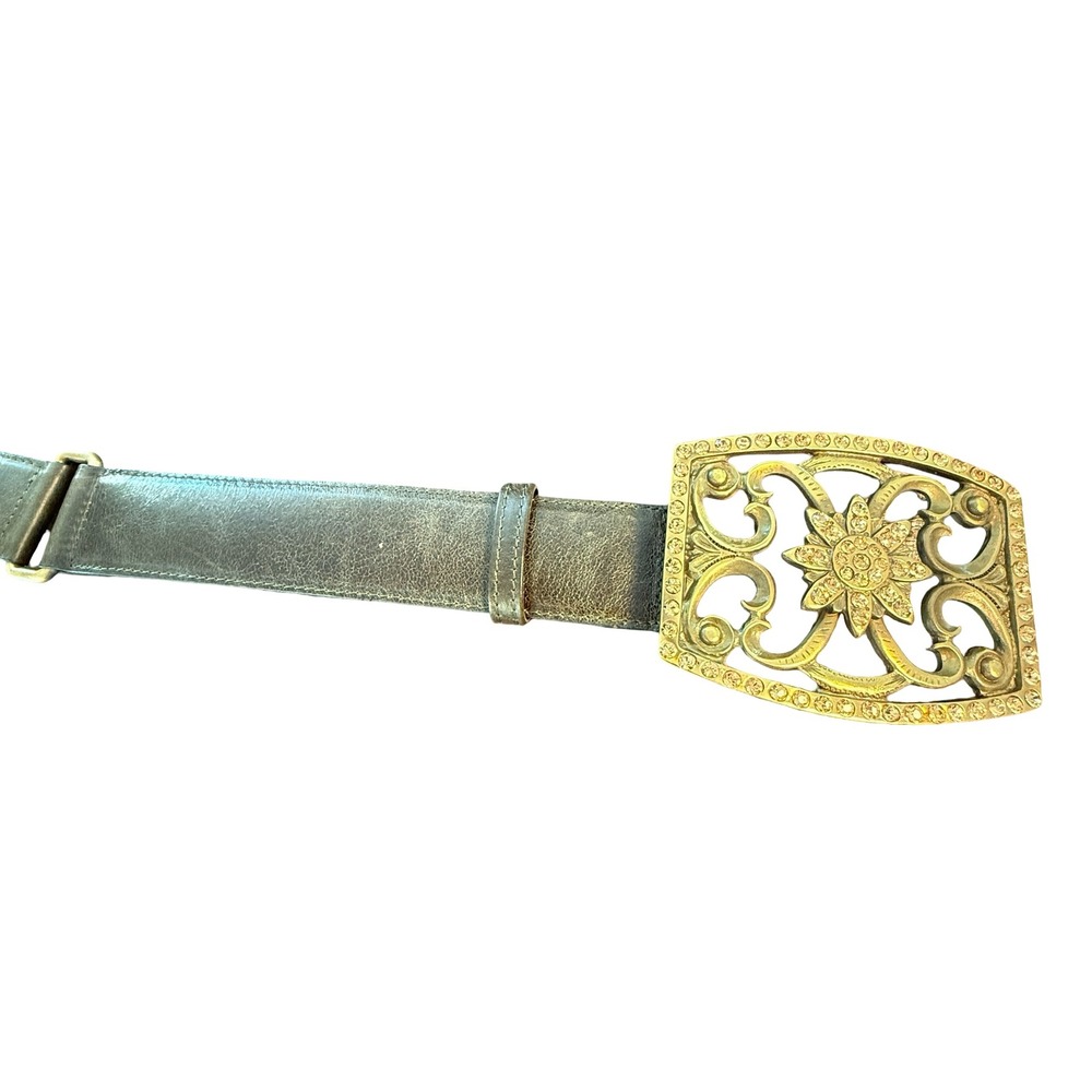 Braccialini Olive Green Leather Belt Rhinestone Gold Tone Filigree Large Buckle